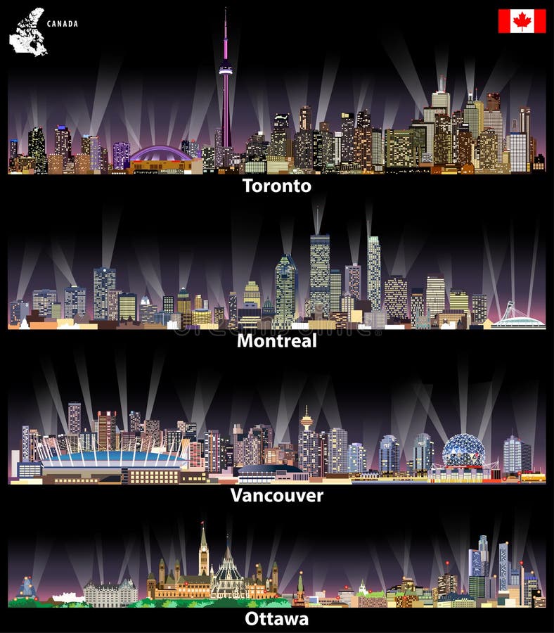 Vektorillustrationer av kanadensiska städer Toronto, Montreal, Vancouver och Ottawa abstrakta horisonter på natten med översikten vektor illustrationer Vektorillustrationer av kanadensiska städer Toronto, Montreal, Vancouver och Ottawa abstrakta horisonter på natten med översikten vektor illustrationer