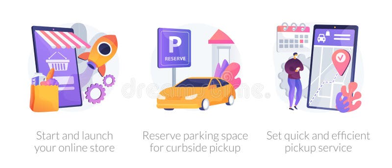 Online store pickup service abstract concept vector illustration set. Reserve parking space, curbside pickup, small business amid pandemic, grocery and essentials, employee safety abstract metaphor. Online store pickup service abstract concept vector illustration set. Reserve parking space, curbside pickup, small business amid pandemic, grocery and essentials, employee safety abstract metaphor.