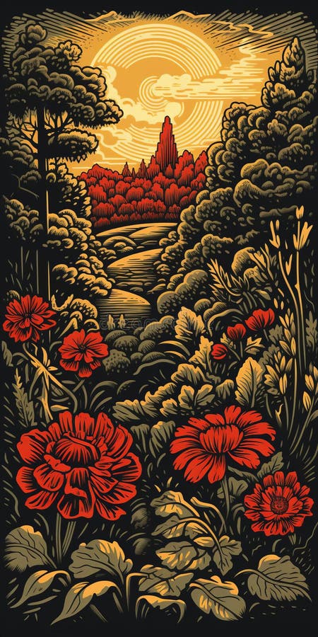Vektorillustrationer med vintage linocut-stil för trädgårdsvektor med detaljer vektor illustrationer