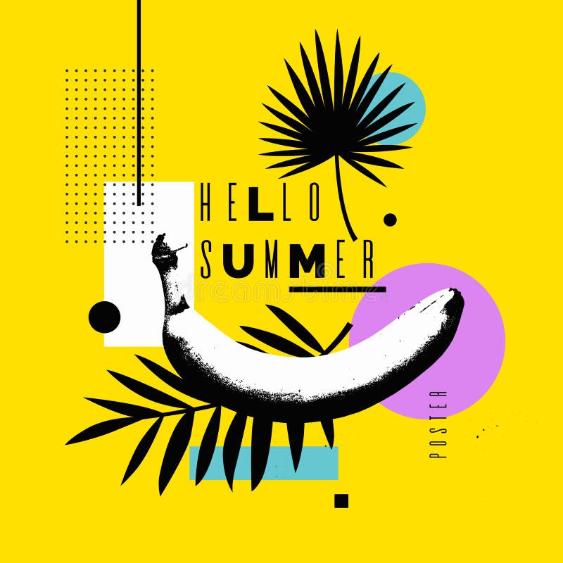 Vektorillustrationshallo Sommer Helles Plakat mit einer Banane auf einem abstrakten Hintergrund lizenzfreie abbildung Vektorillustrationshallo Sommer Helles Plakat mit einer Banane auf einem abstrakten Hintergrund lizenzfreie abbildung