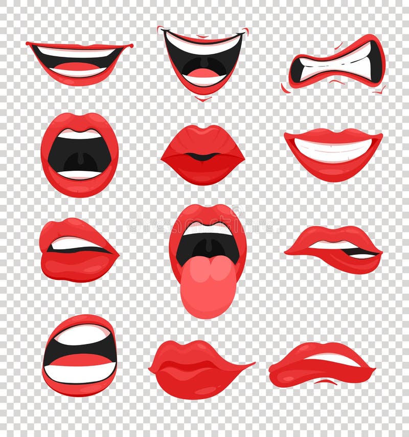 Vektorillustrationuppsättning av röda kvinnakanter Skvallra med en kyss, le, tungan, och många sinnesrörelser skvallrar emoji på