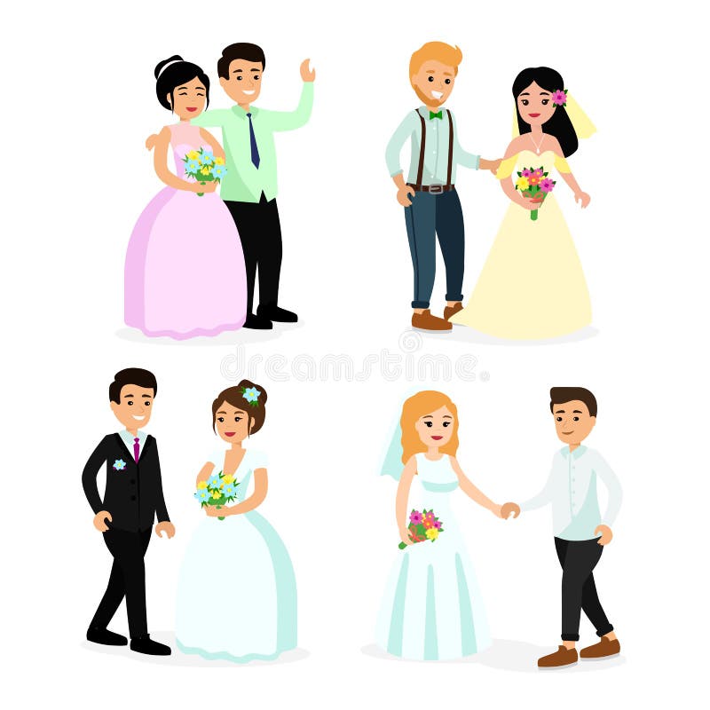 Vektorillustrationuppsättningen av den lyckliga gulliga den bröllopparbruden och brudgummen som isoleras på vit bakgrund i teckna stock illustrationer Vektorillustrationuppsättningen av den lyckliga gulliga den bröllopparbruden och brudgummen som isoleras på vit bakgrund i teckna stock illustrationer