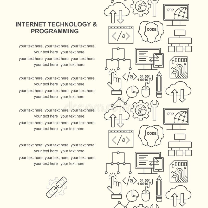 Vektorinternetteknologi och dator som programmerar modellen med linjära symboler stock illustrationer Vektorinternetteknologi och dator som programmerar modellen med linjära symboler stock illustrationer