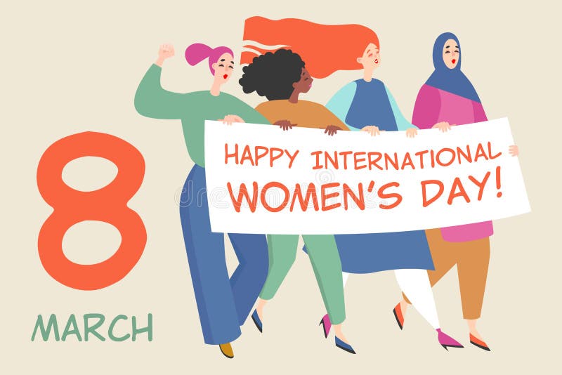 Vektorkort med en grupp av kvinnor som rymmer ett stort baner med lyckönskan till de internationella kvinnornas dag
