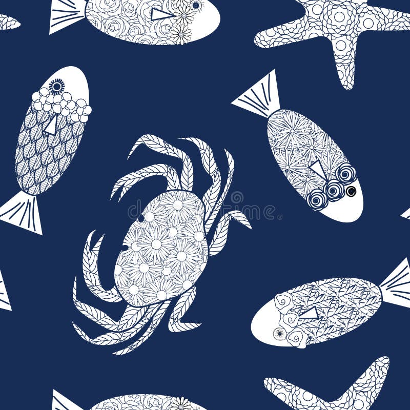 Vektorkrabbor fiskar stjärnfisk i vitt spridda på blå bakgrund, sömlöst upprepningsmönster. bakgrund för textilkort