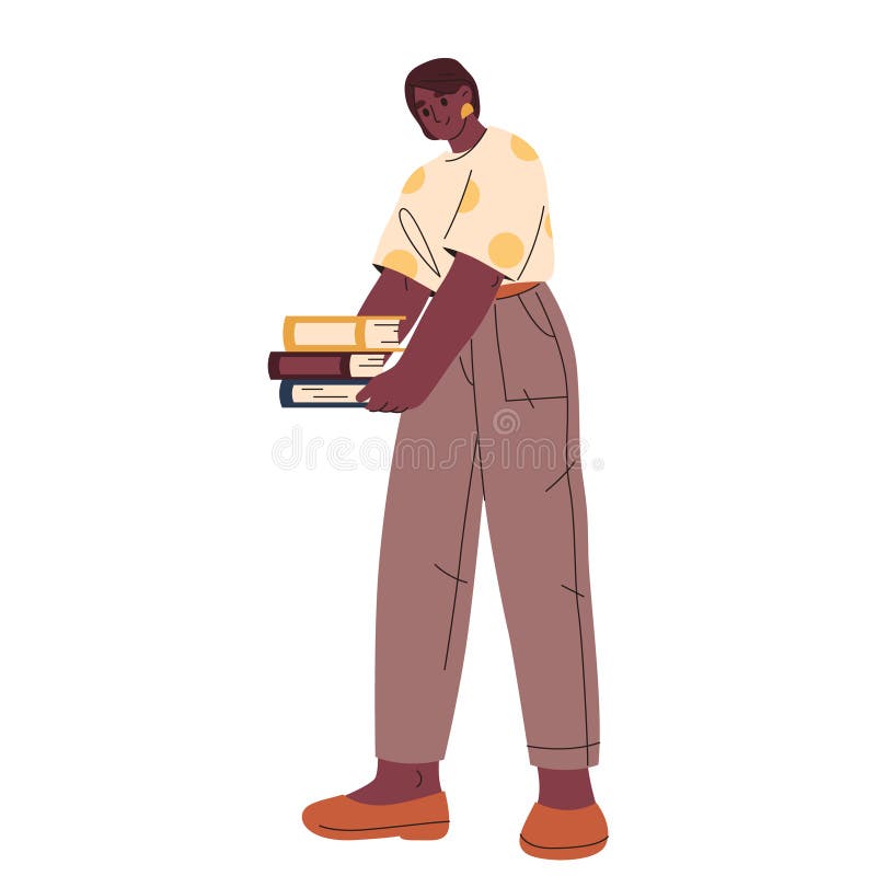Vektorkvinna som för böcker med hög litteraturstapel vektor illustrationer