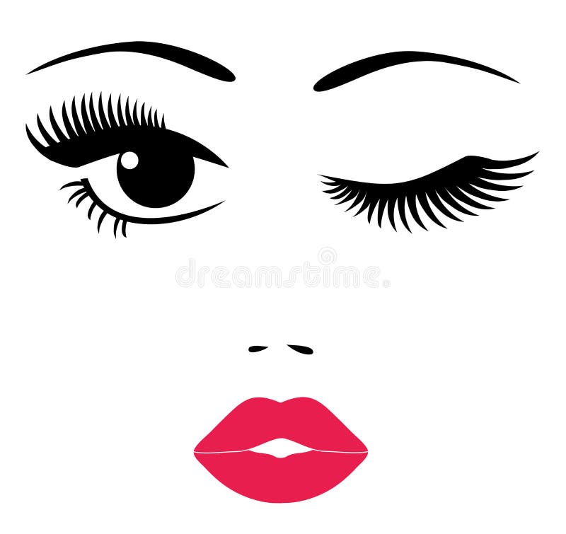 Vector illustration of a pretty face, eyes, long lashes, red lips isolated on white background. winking eyes. Vector illustration of a pretty face, eyes, long lashes, red lips isolated on white background. winking eyes.