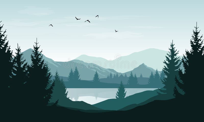 Vektorlandskap med blåa konturer av berg, kullar och skog och himmel med moln och fåglar