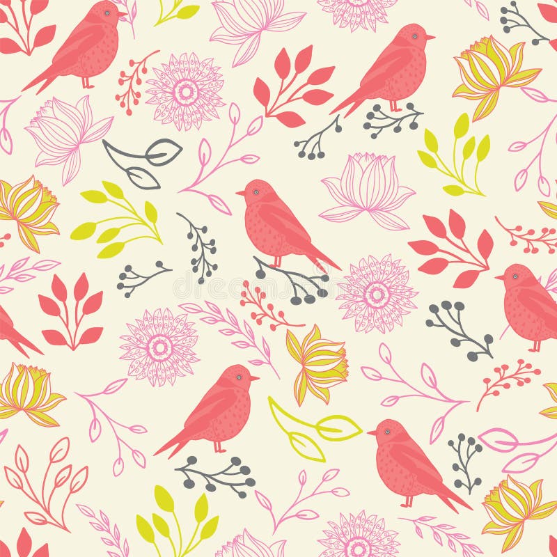 Vektorlinje sömlös modell för för konstfåglar och blommor royaltyfri illustrationer Vektorlinje sömlös modell för för konstfåglar och blommor royaltyfri illustrationer