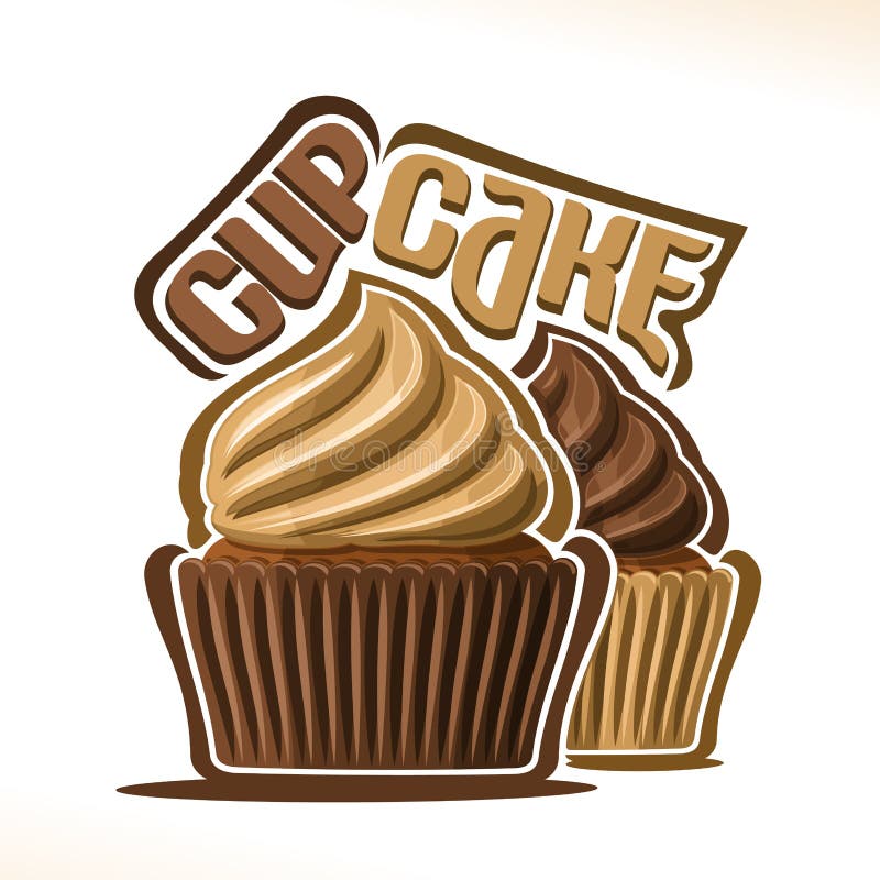 Vector logo for chocolate Cupcake, original font for text - cupcake, 2 mini cakes in brown case decorated frosting coffee buttercream, choco cupcakes for wedding or birthday with swirl whipped cream. Vector logo for chocolate Cupcake, original font for text - cupcake, 2 mini cakes in brown case decorated frosting coffee buttercream, choco cupcakes for wedding or birthday with swirl whipped cream.