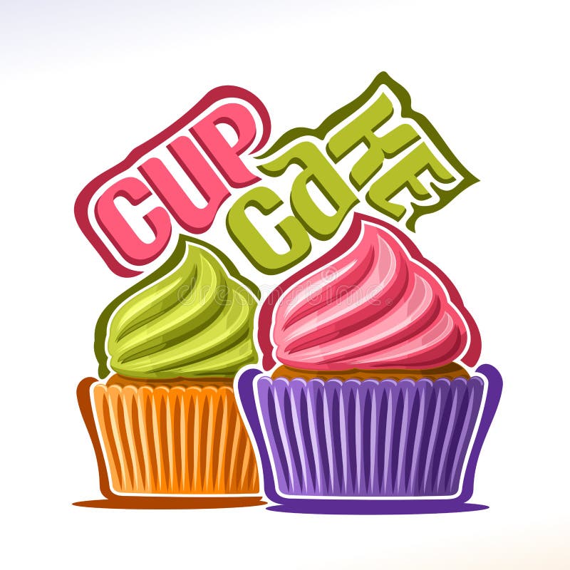 Vector logo for fruit Cupcake, original font for text - cupcake, 2 mini cakes in colorful case decorated frosting berry buttercream, delight cupcakes for wedding or birthday with swirl whipped cream. Vector logo for fruit Cupcake, original font for text - cupcake, 2 mini cakes in colorful case decorated frosting berry buttercream, delight cupcakes for wedding or birthday with swirl whipped cream.