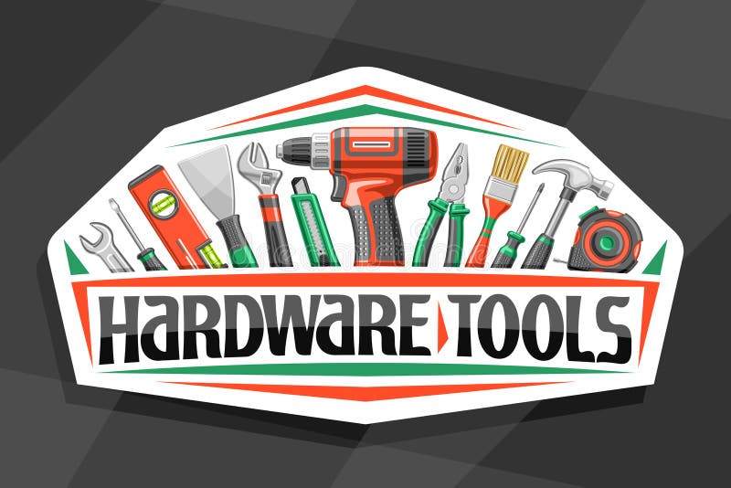 Vector logo for Hardware Tools, white decorative sign board with illustration of various professional steel hardware tools, design concept with unique letters for words hardware tools for labor day. Vector logo for Hardware Tools, white decorative sign board with illustration of various professional steel hardware tools, design concept with unique letters for words hardware tools for labor day