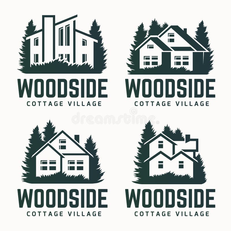 Vektorlogodesign av en trädkontur och ett litet hus royaltyfri illustrationer Vektorlogodesign av en trädkontur och ett litet hus royaltyfri illustrationer