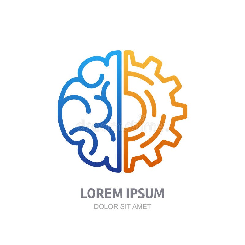 Vektorlogosymbolen med hjärnan och kugghjulet förser med kuggar vektor illustrationer
