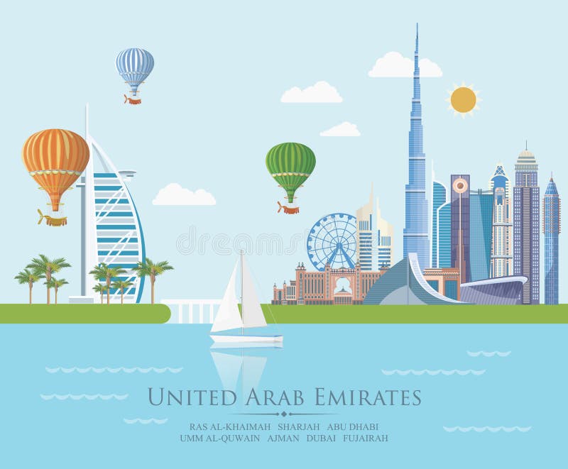 Vektorloppaffisch av Förenade Arabemiraten med ballongen för varm luft UAE-bakgrund med moderna byggnader och moské i ljus stil royaltyfri illustrationer Vektorloppaffisch av Förenade Arabemiraten med ballongen för varm luft UAE-bakgrund med moderna byggnader och moské i ljus stil royaltyfri illustrationer