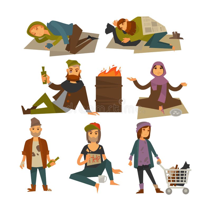 Vektorlägenheten för hemlöst folk, tiggare- och lodislösdrivareisolerade symboler royaltyfri illustrationer Vektorlägenheten för hemlöst folk, tiggare- och lodislösdrivareisolerade symboler royaltyfri illustrationer