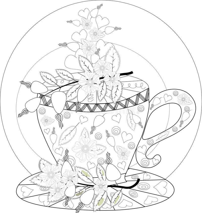 Vektormalbuch des Handabgehobenen betrages für Erwachsenen teatime Tassen Tee, Früchte und Blumen