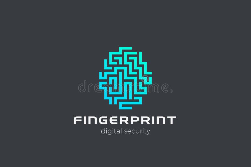 Vektormall för design av fingeravtryckslogotyp för chipdesign. Touch id labinter maze logotype-begreppsikon linjär stil royaltyfri illustrationer