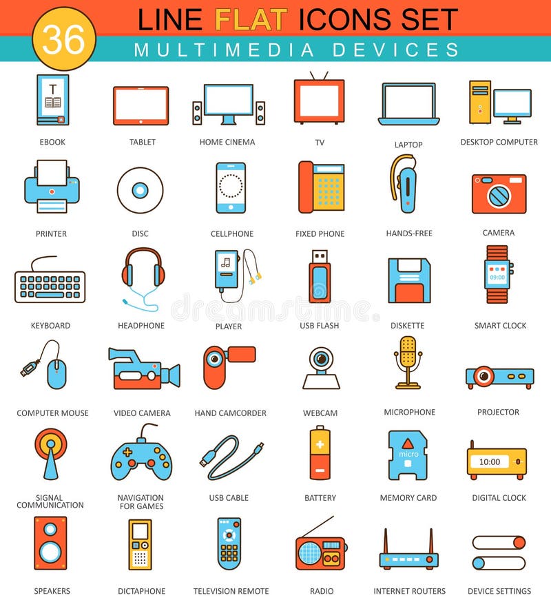 Vektormultimediaapparater sänker linjen symbolsuppsättning Modern design för elegant stil för rengöringsduk stock illustrationer Vektormultimediaapparater sänker linjen symbolsuppsättning Modern design för elegant stil för rengöringsduk stock illustrationer