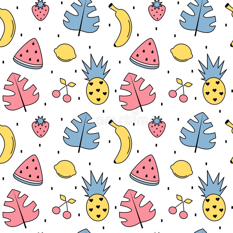 Vektormuster-Hintergrundillustration des netten bunten Sommers nahtlose mit exotischen Blättern, Bananen, Ananas, Zitronen, Wasse vektor abbildung Vektormuster-Hintergrundillustration des netten bunten Sommers nahtlose mit exotischen Blättern, Bananen, Ananas, Zitronen, Wasse vektor abbildung