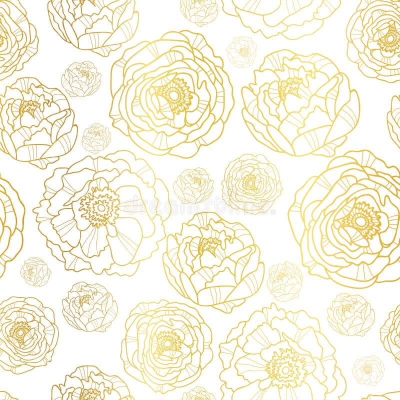 Vektorn som är guld- på den vita pionen, blommar sömlös modellbakgrund för sommar Utmärkt för elegant guld- texturtyg, kort stock illustrationer