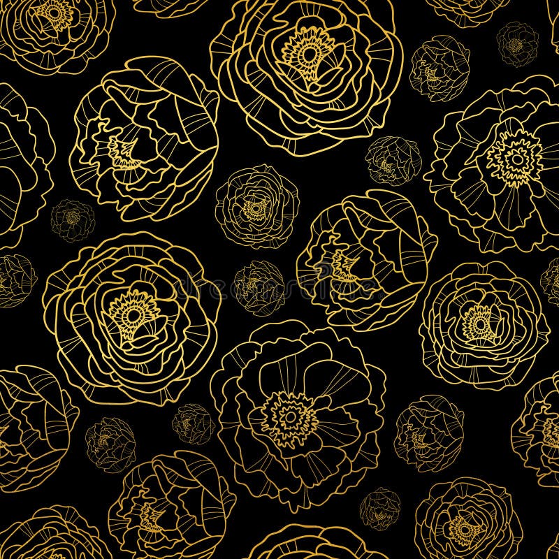 Vektorn som är guld- på svart pion, blommar sömlös modellbakgrund för sommar Utmärkt för elegant guld- texturtyg, kort vektor illustrationer