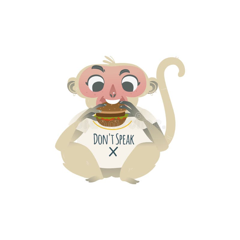 Vektorn talar ingen ond apa som äter den stora hamburgaren stock illustrationer Vektorn talar ingen ond apa som äter den stora hamburgaren stock illustrationer