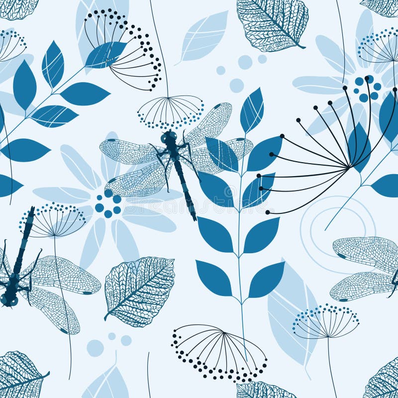 Vektornahtloses Muster der blauen Blumen und der Blätter vektor abbildung Vektornahtloses Muster der blauen Blumen und der Blätter vektor abbildung