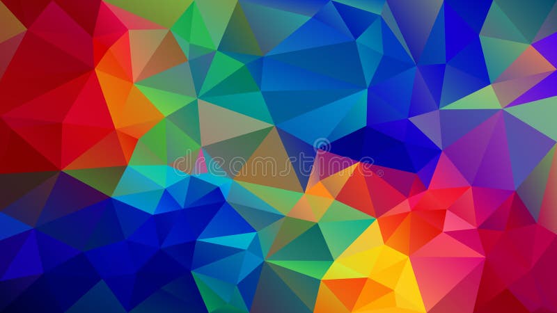 Vektorns oregelbundna polygonbakgrund - triangel med lågt poly-mönster - vibrerande, fullt spektrum med multifärgregn stock illustrationer