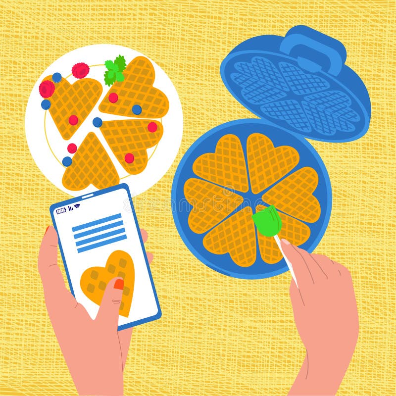 Vektorns platta illustrationsöverblick över hur man gör våfflor i våffeltillverkare med hjälp av recept på telefon stock illustrationer