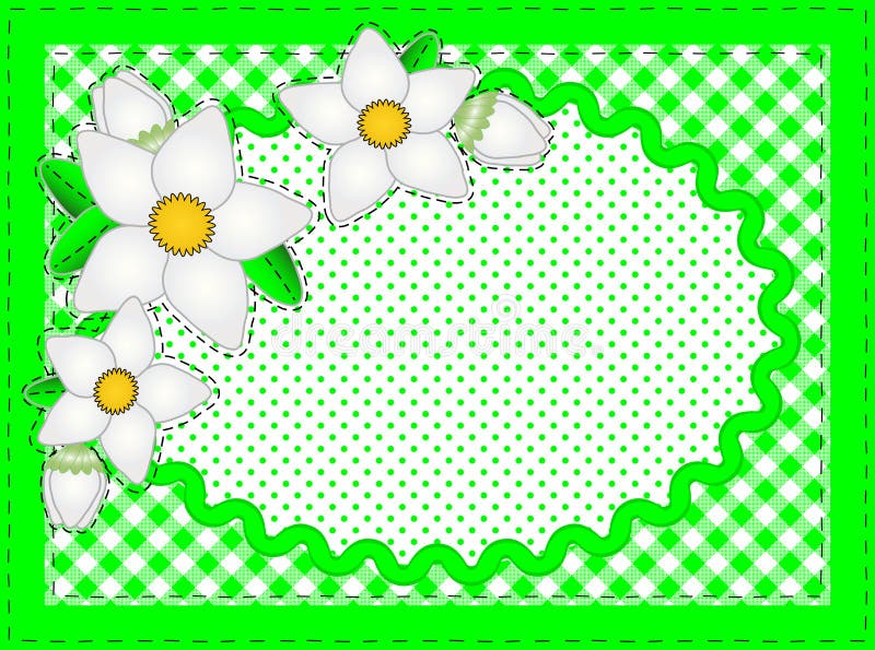 Vector border with oval copy space, flowers, gingham and dots in green, white containing quilting stitches. Vector border with oval copy space, flowers, gingham and dots in green, white containing quilting stitches.