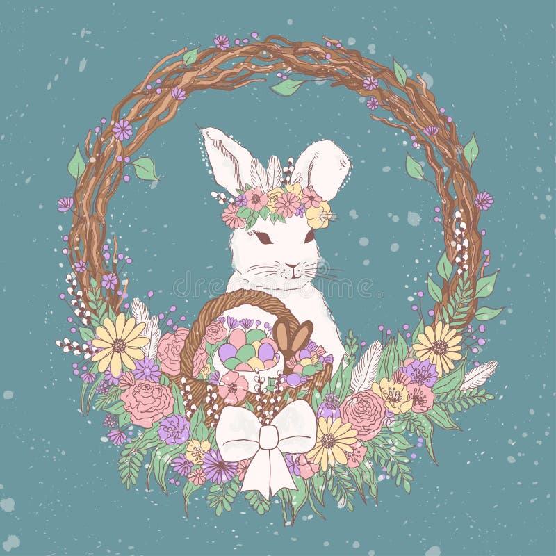 Vektorpastell- Blumen-Osterhasenillustration mit Blumen, Ostereier, Korb, Kranz, Pralinen süßes buntes Ostern stock abbildung Vektorpastell- Blumen-Osterhasenillustration mit Blumen, Ostereier, Korb, Kranz, Pralinen süßes buntes Ostern stock abbildung