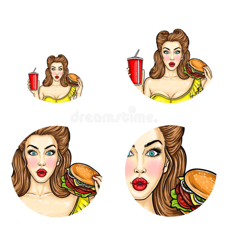 Vektorpop-arten-Avatara des Stiftes herauf Mädchen hält Hamburger und Kolabaum Illustration für Schnellrestaurant oder Korpulenzk vektor abbildung Vektorpop-arten-Avatara des Stiftes herauf Mädchen hält Hamburger und Kolabaum Illustration für Schnellrestaurant oder Korpulenzk vektor abbildung