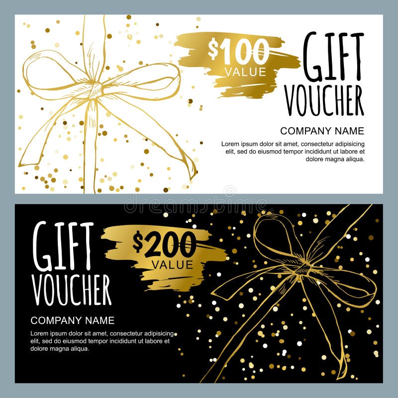 Vector gift voucher template with hand drawn bow ribbons. Golden, black and white doodle holiday cards. Design concept for gift coupon, invitation, certificate, flyer, banner, ticket. Vector gift voucher template with hand drawn bow ribbons. Golden, black and white doodle holiday cards. Design concept for gift coupon, invitation, certificate, flyer, banner, ticket.