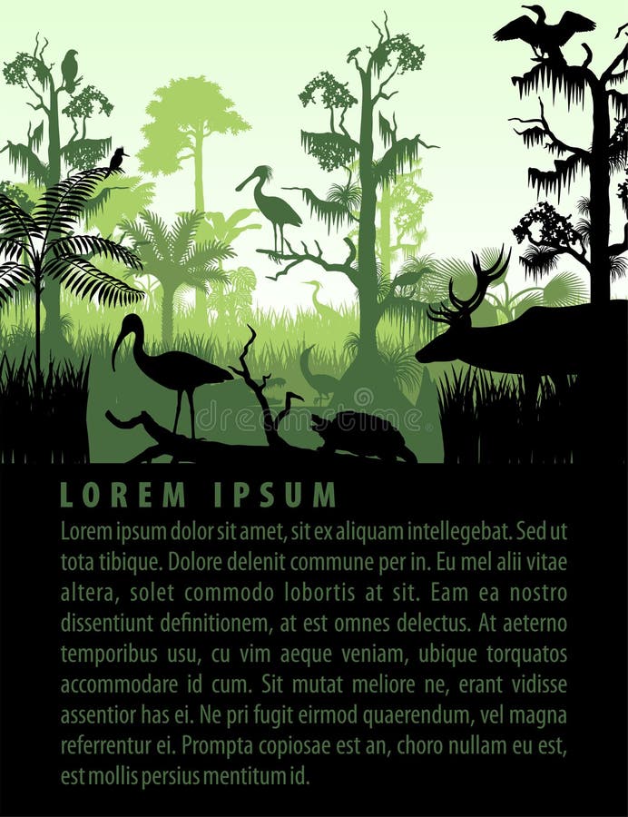 Vektorregenwald-Sumpfgebietschattenbilder im Sonnenuntergang entwerfen Schablone mit Reiher, Rotwild, Alligator, Schildkröte, kin stock abbildung Vektorregenwald-Sumpfgebietschattenbilder im Sonnenuntergang entwerfen Schablone mit Reiher, Rotwild, Alligator, Schildkröte, kin stock abbildung