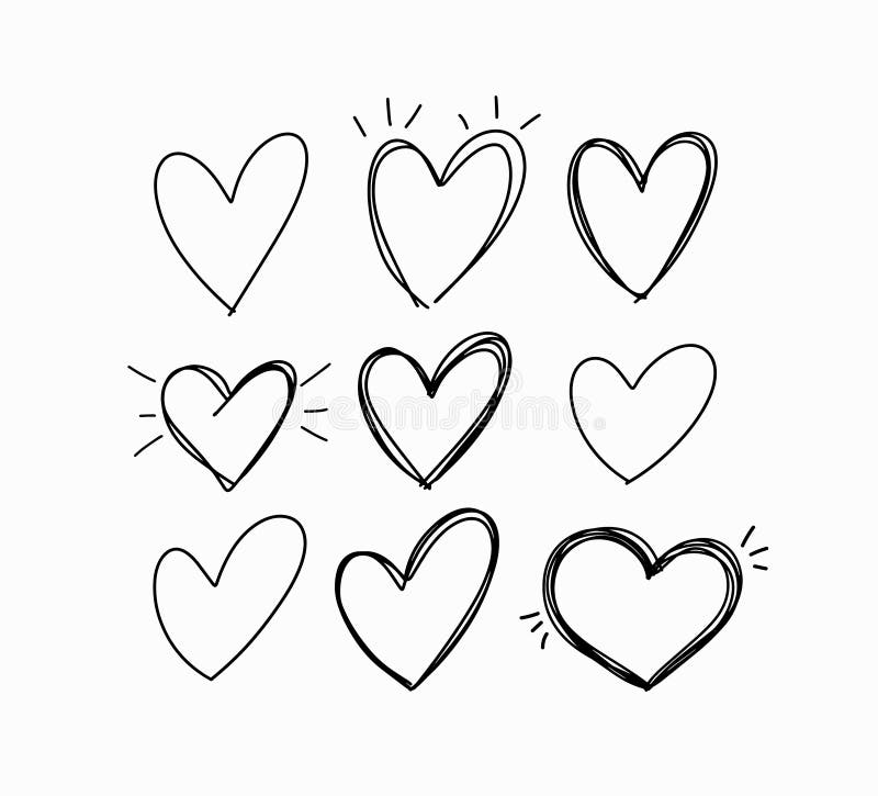 Vektorritad, barnlik doodle hjärtats ikonuppsättning