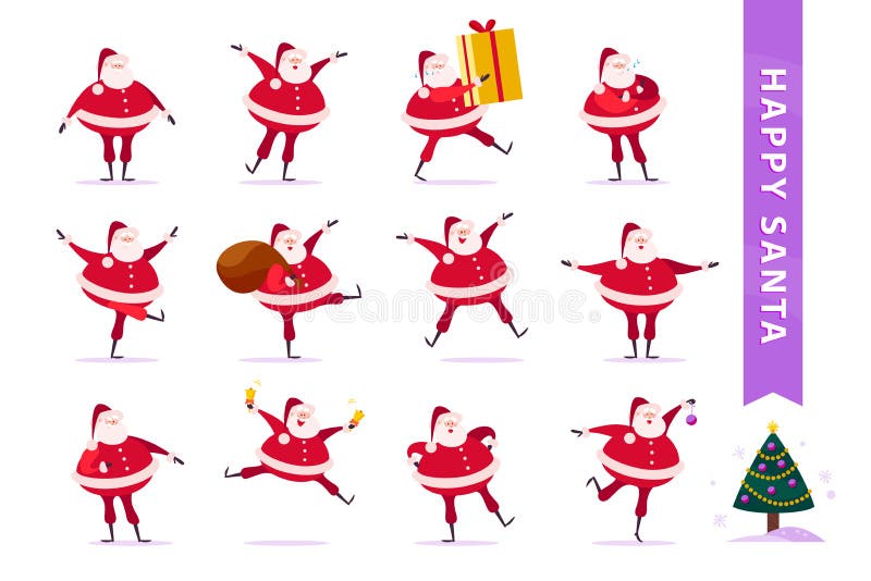 Vektorsamling av plana roliga Santa Claus tecken som isoleras på vit bakgrund stock illustrationer Vektorsamling av plana roliga Santa Claus tecken som isoleras på vit bakgrund stock illustrationer