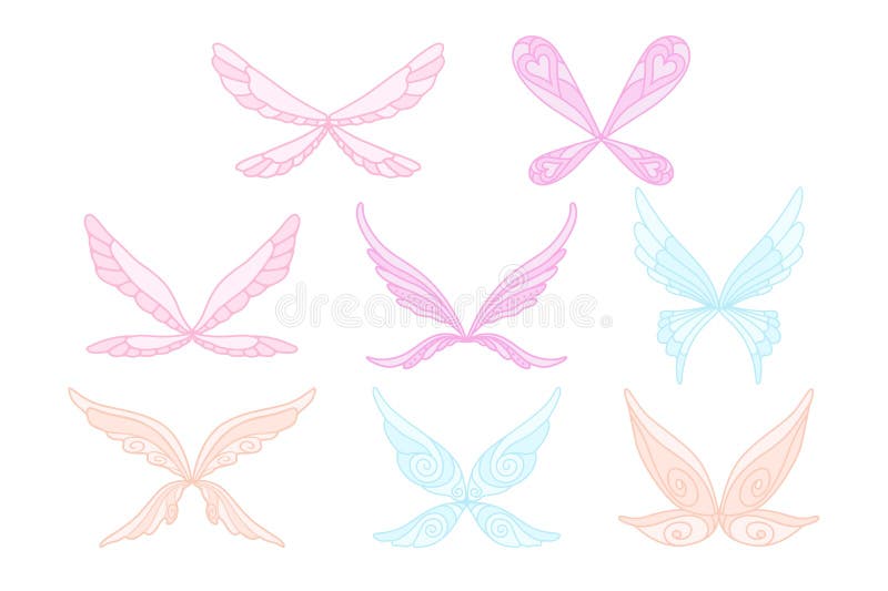 Vector collection of pink, blue and purple fairy s magic wings. Decorative elements for children s book, postcard, print design. Icons in flat style. Colorful illustration isolated on white background. Vector collection of pink, blue and purple fairy s magic wings. Decorative elements for children s book, postcard, print design. Icons in flat style. Colorful illustration isolated on white background