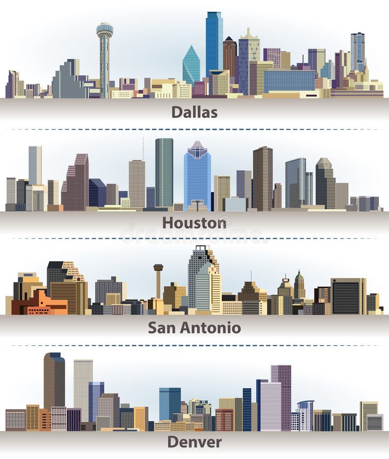 Collection of United States city skylines: Dallas, Houston, San Antonio and Denver. Collection of United States city skylines: Dallas, Houston, San Antonio and Denver