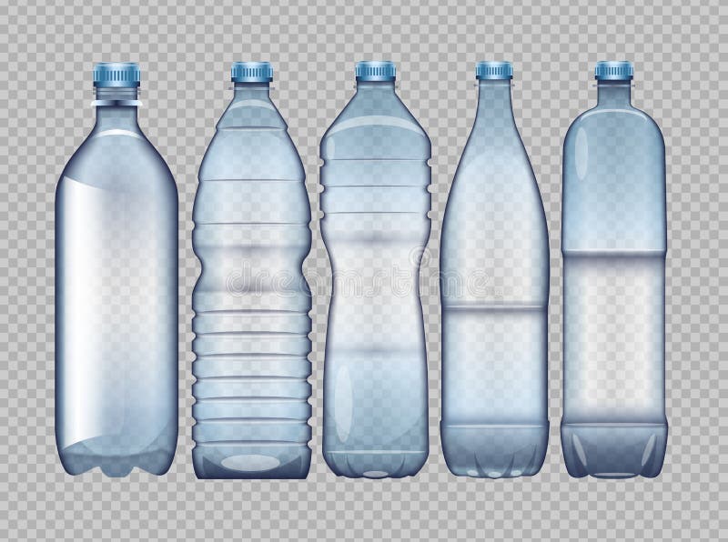 Vektorsatz der blauen transparenten Plastikflasche stock abbildung