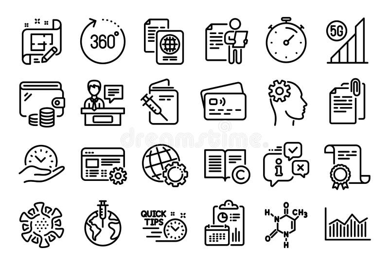 Vektorsatz des Vorstellungsgesprächs Sichere Zeit und 360 Grad Linie Icons Satz. Vektor stock abbildung