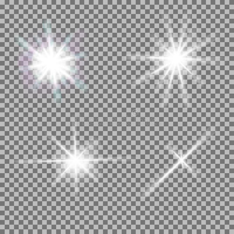 Vektorsatz glühendes Licht birst mit Scheinen stock abbildung