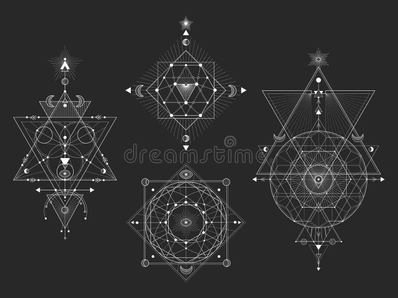 Vektorsatz heilige geometrische Symbole mit Mond, Auge, Pfeilen, dreamcatcher und Zahlen auf schwarzem Hintergrund Weißer abstrak vektor abbildung Vektorsatz heilige geometrische Symbole mit Mond, Auge, Pfeilen, dreamcatcher und Zahlen auf schwarzem Hintergrund Weißer abstrak vektor abbildung