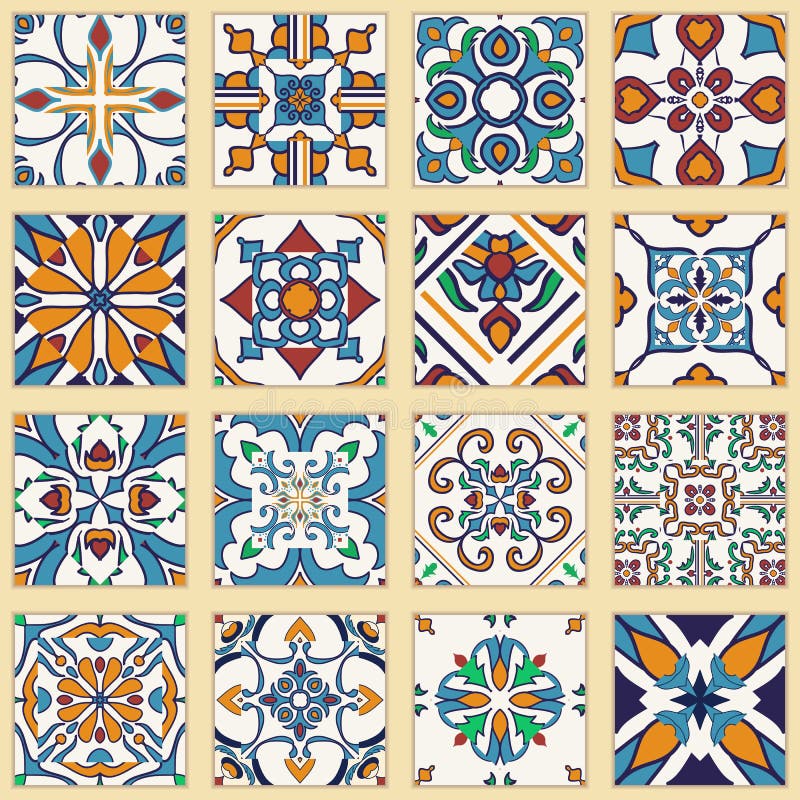 Vektorsatz portugiesische Fliesen Sammlung farbige Muster für Design und Mode lizenzfreie abbildung Vektorsatz portugiesische Fliesen Sammlung farbige Muster für Design und Mode lizenzfreie abbildung