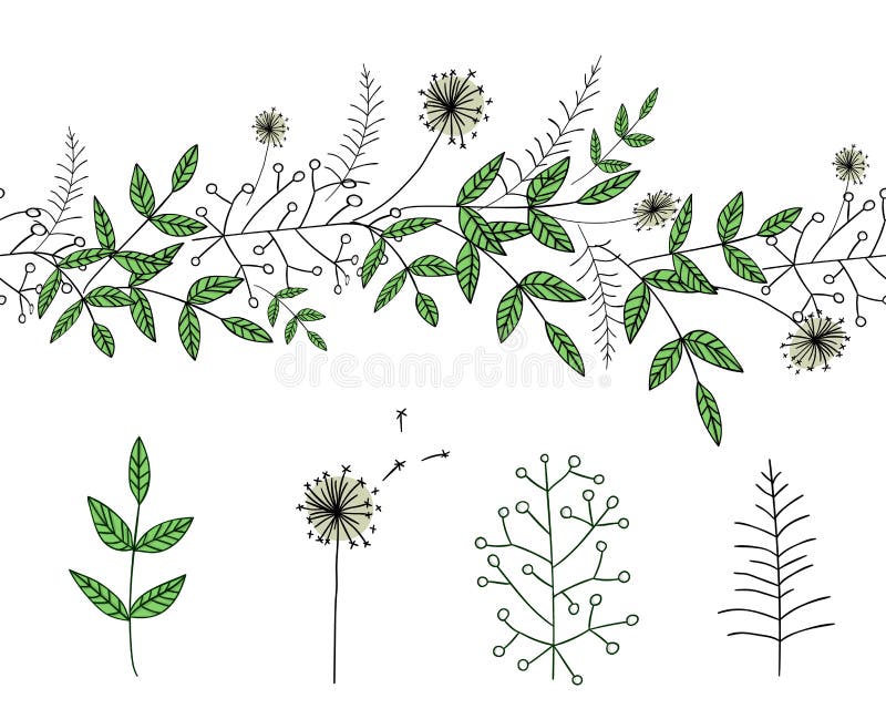 Vektorsatz von Gartenpflanzegestaltungselementen und von Musterb?rste mit stilisiertem L?wenzahn Hand gezeichnete Karikaturartill lizenzfreie abbildung Vektorsatz von Gartenpflanzegestaltungselementen und von Musterb?rste mit stilisiertem L?wenzahn Hand gezeichnete Karikaturartill lizenzfreie abbildung