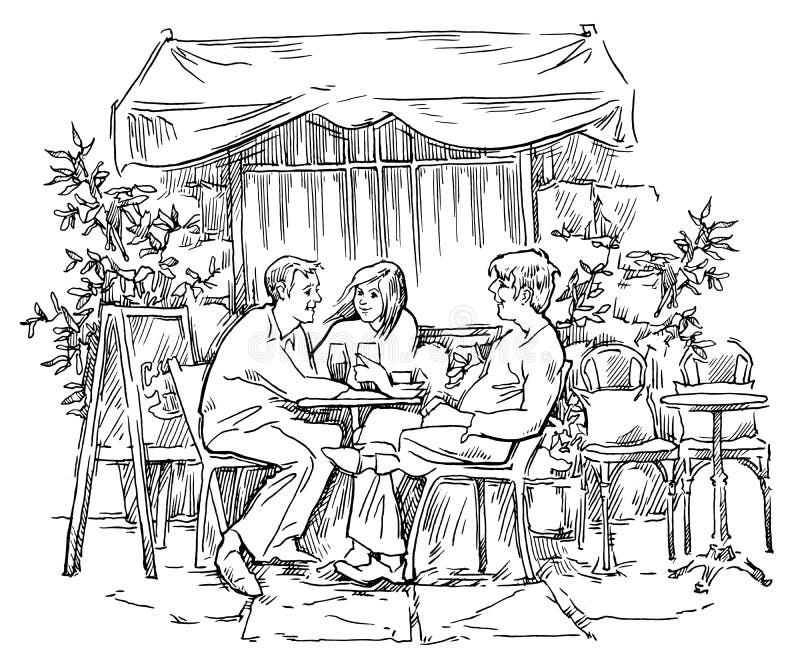 Vektorskiss av gammalt gatukafé stock illustrationer