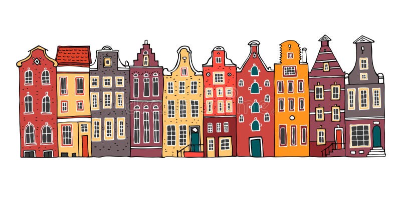 Vektorskizzen-Handgezogene Illustration Amsterdams bunte Karikaturentwurf bringt Fassaden in Folge unter