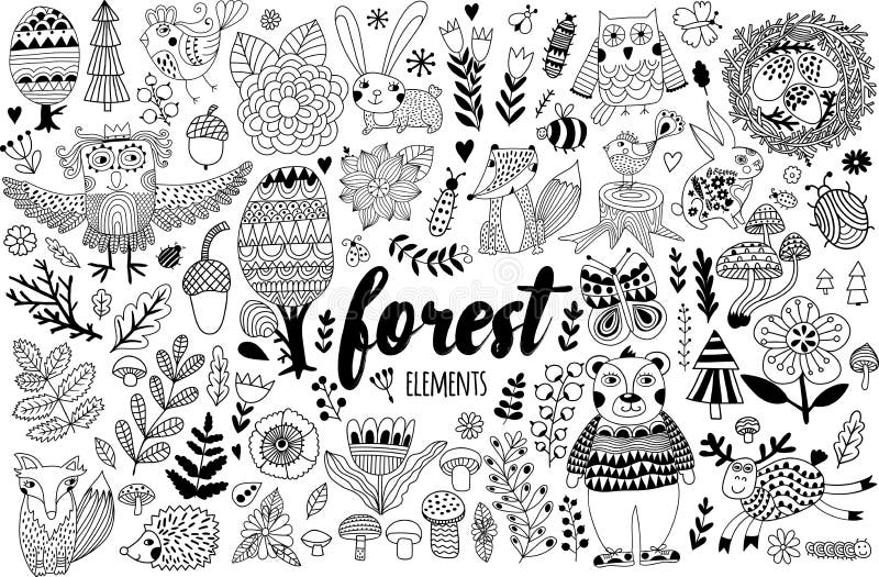 Vektorskogbeståndsdelar i barnslig stil för klotter stock illustrationer Vektorskogbeståndsdelar i barnslig stil för klotter stock illustrationer