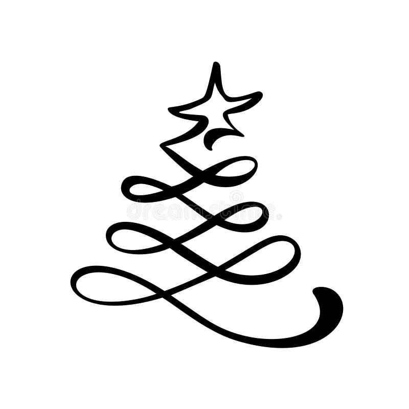 Vektorstiliserad logotyp, skript julgran med stjärnan överst Xmas-element för hälsningskort, banderoll vektor illustrationer