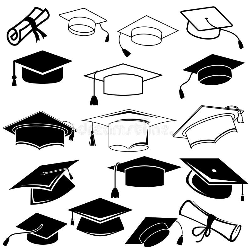 Vektorsymboluppsättning för graderingshatt. Teckensamling för illustration av utbildning. universitetssymbol. studentlogotyp. royaltyfri illustrationer